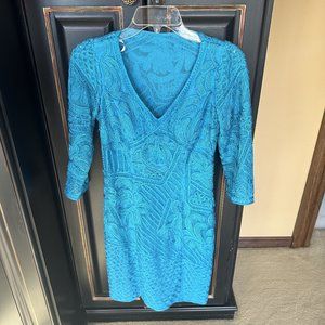 Sue Wong Formal Embroidered Cocktail Dress in Turquoise